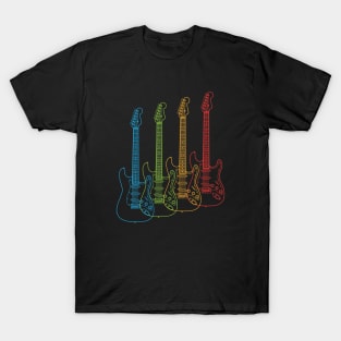Four S-Style Electric Guitar Outlines Multi Color T-Shirt